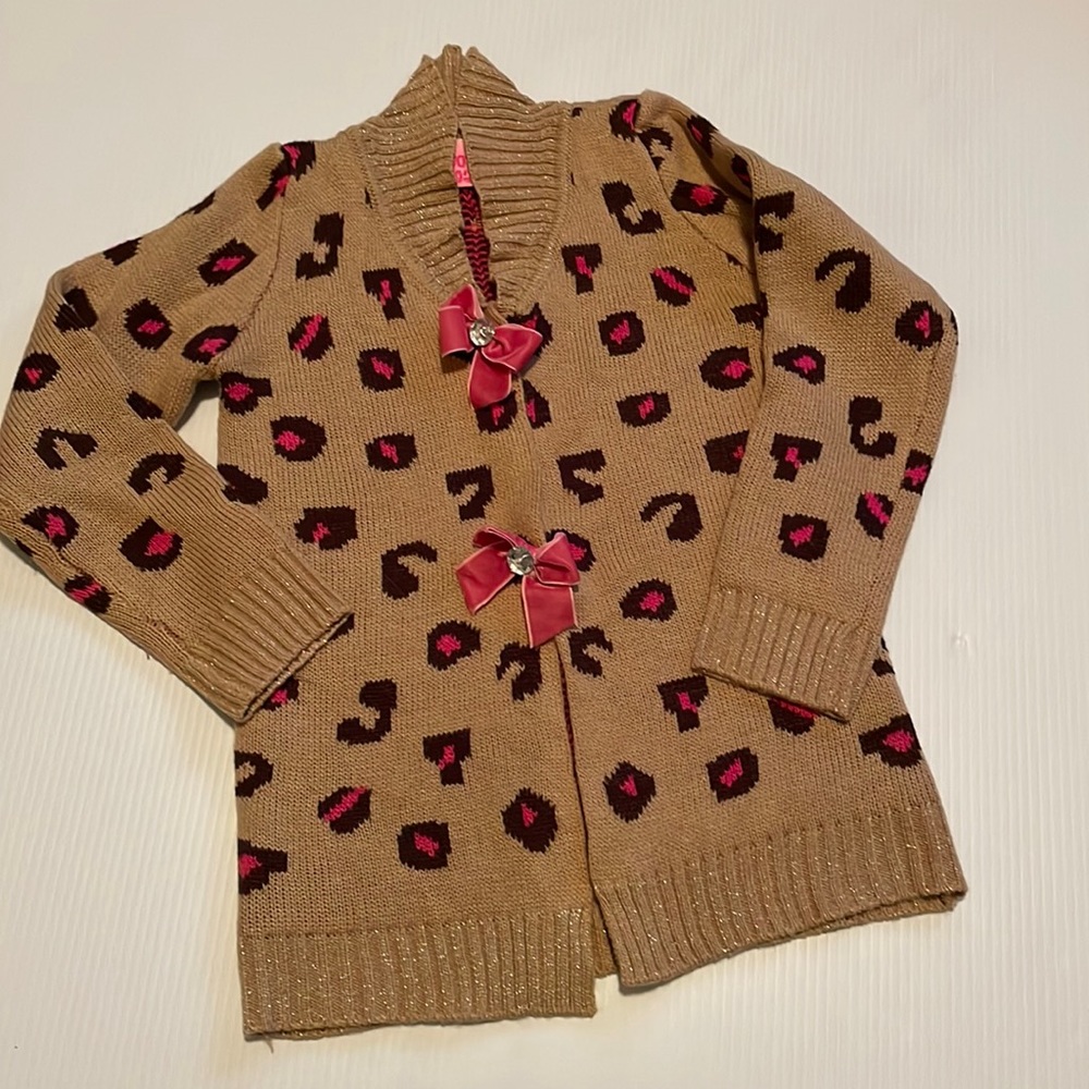 Young Hearts tan, brown & hot pink animal print cardigan.  Girls size 6